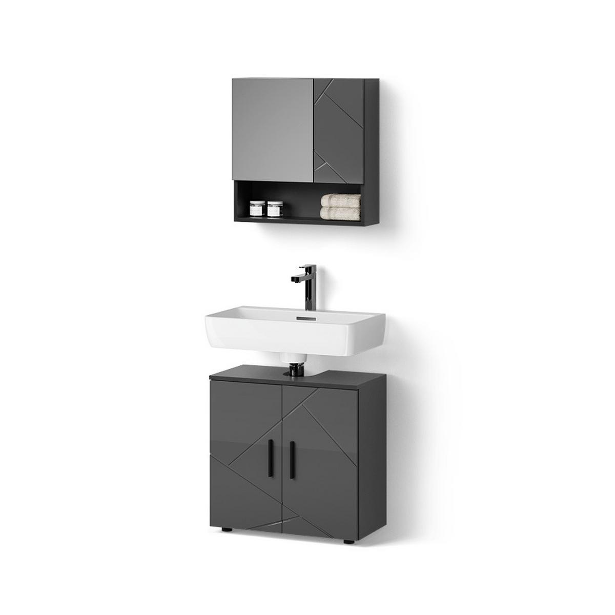 BADMÖBEL-SET Ronco Anthrazit Hochglanz 2 Teile, Unterschrank 60 cm - Schwarz Hochglanz, Holzwerkstoff (60/81/30cm) - Livinity®