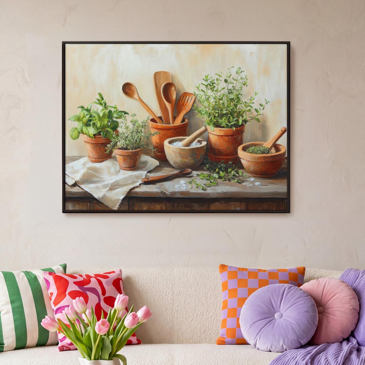 LEINWAND Bilder mit Rahmen - Töpfe - Kräuter - Holz - 100x70 - Terracotta, Textil (100/70cm) - MuchoWow