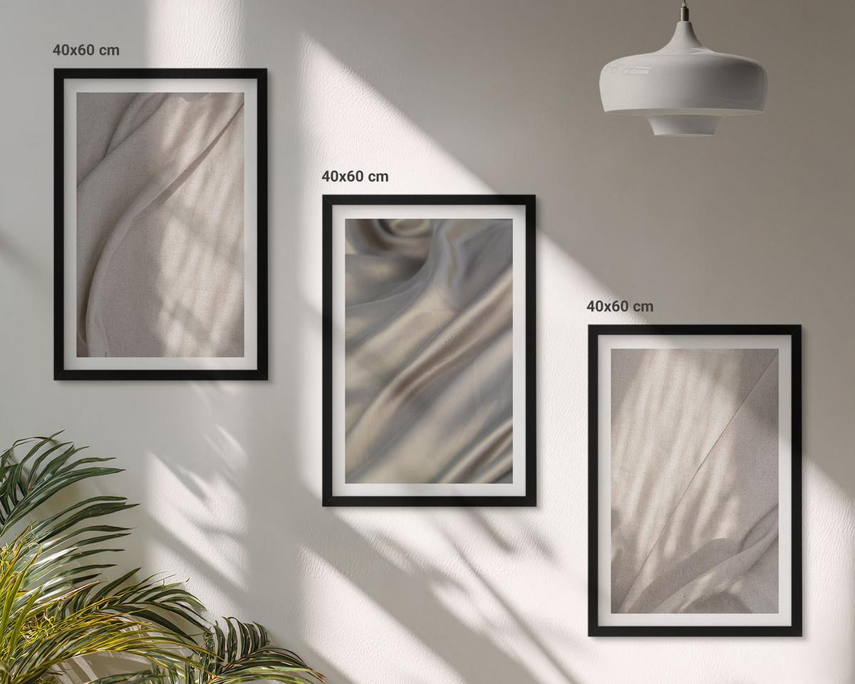 BILDER SET 3er Set - 40x60 cm Schwarzer Rahmen - Nahaufnahme von natürlichen Boho-Stoffen - Schwarz, Kunststoff (40/60cm) - TULUP