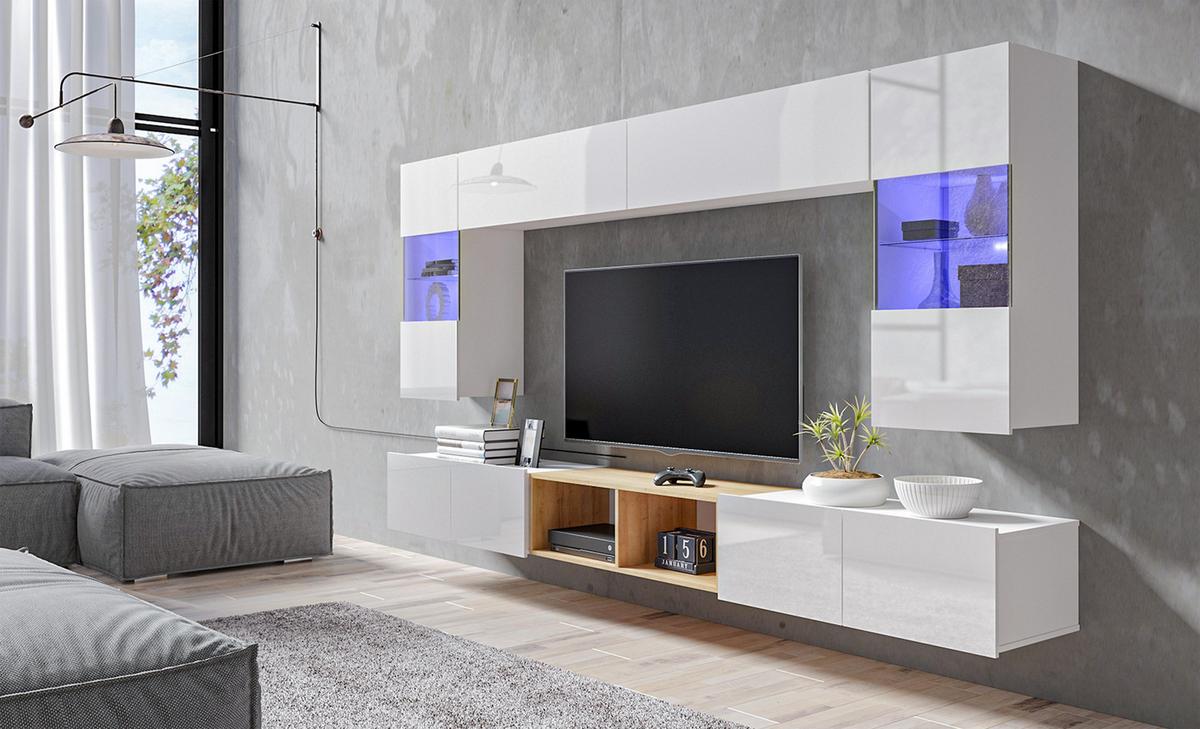 WOHNWAND Kossana 24 Modern Weiß/Goldene Eiche 300/154/43 cm Wohnzimmer Design - Weiß, Holzwerkstoff/Kunststoff (300/157/43cm) - AX Living