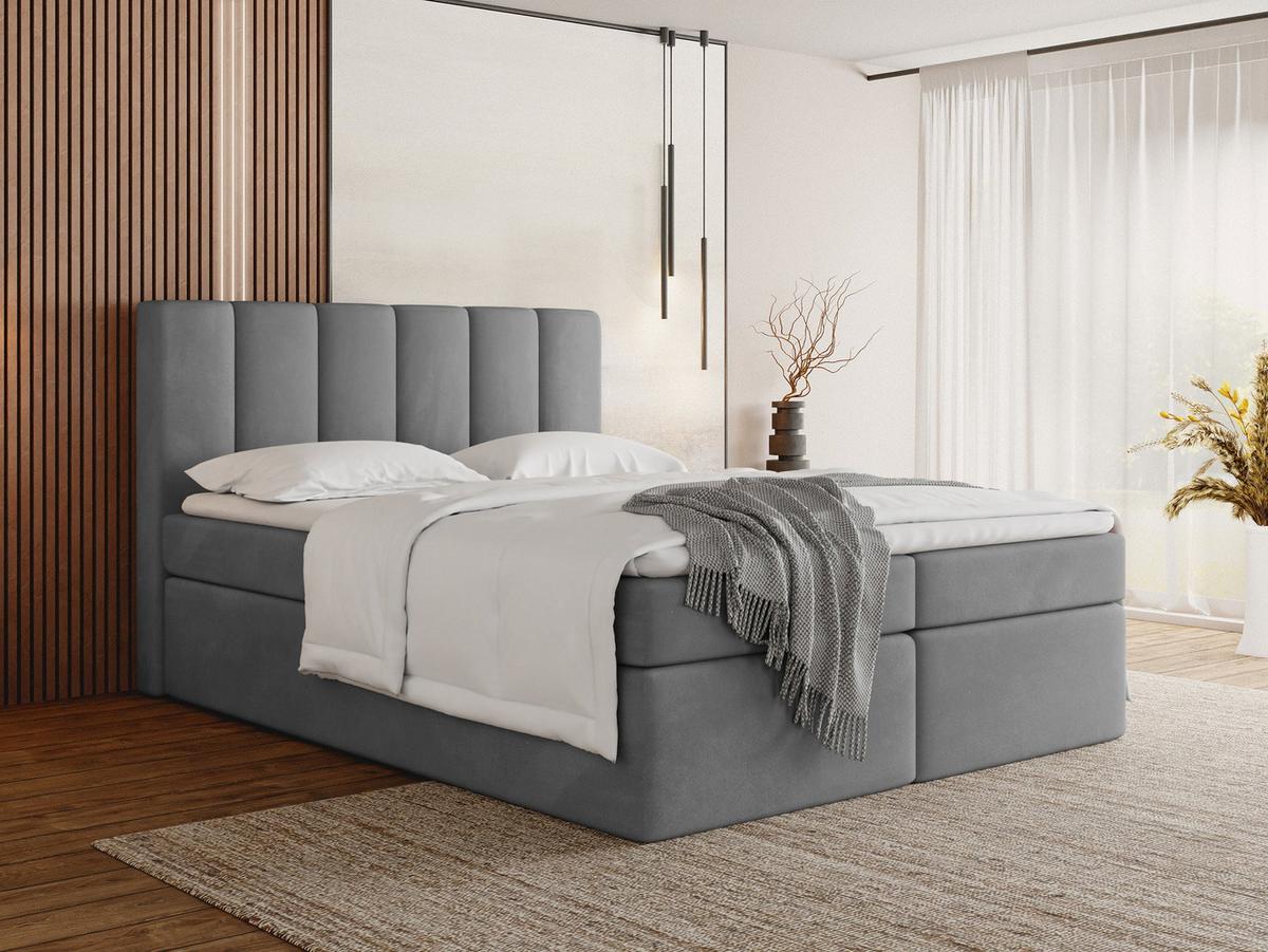 BOXBETT Amira mit Bettkasten, Samt Grau 180/200 cm – 7-Zonen Taschenfederkern-Matratze & Komfortschaum-Topper - Schwarz/Grau, Holz/Holzwerkstoff (180/200cm) - WFL GROUP