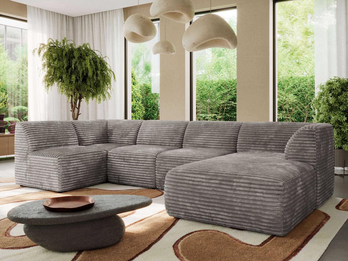 WOHNLANDSCHAFT MODARO U 5M - Hellbraun Cord - Rechts - Hellbraun/Schwarz, Textil (345/78/180cm) - MKS