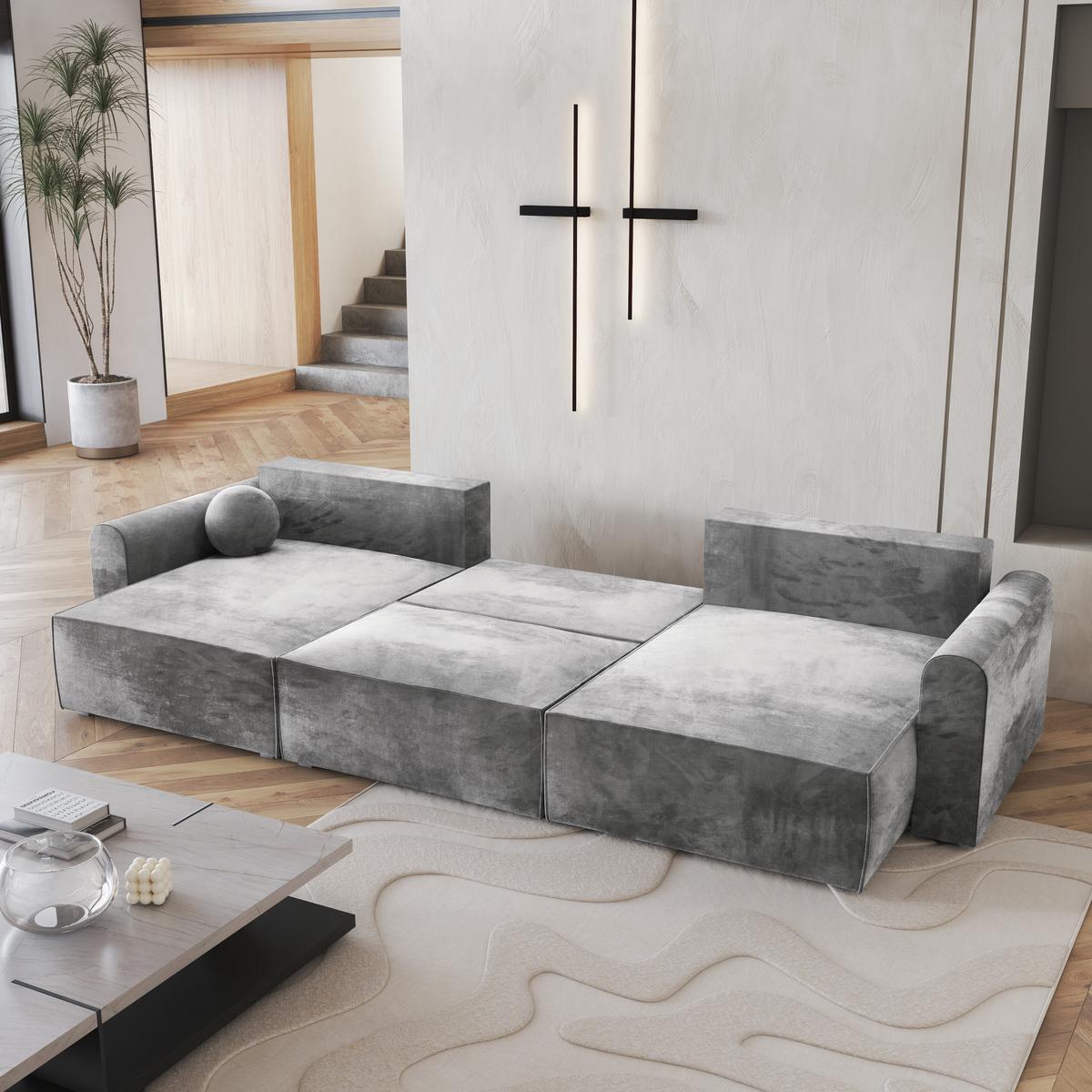 WOHNLANDSCHAFT FENTO M Hellgrau Velours-Stoff mit Schlaffunktion - Hellgrau/Grau, Holz/Kunststoff (347/90/148cm) - MASSENO