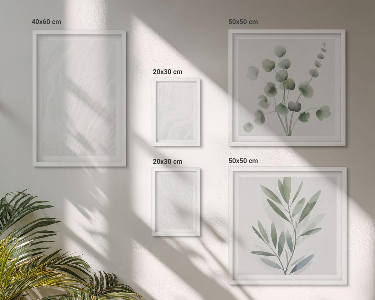 BILDER SET 5er Set - 50x50 cm & 20x30 cm & 40x60 cm Weißer Rahmen - Marmorstruktur, pastellfarbene Zweige - Weiß, Kunststoff (40/60cm) - TULUP