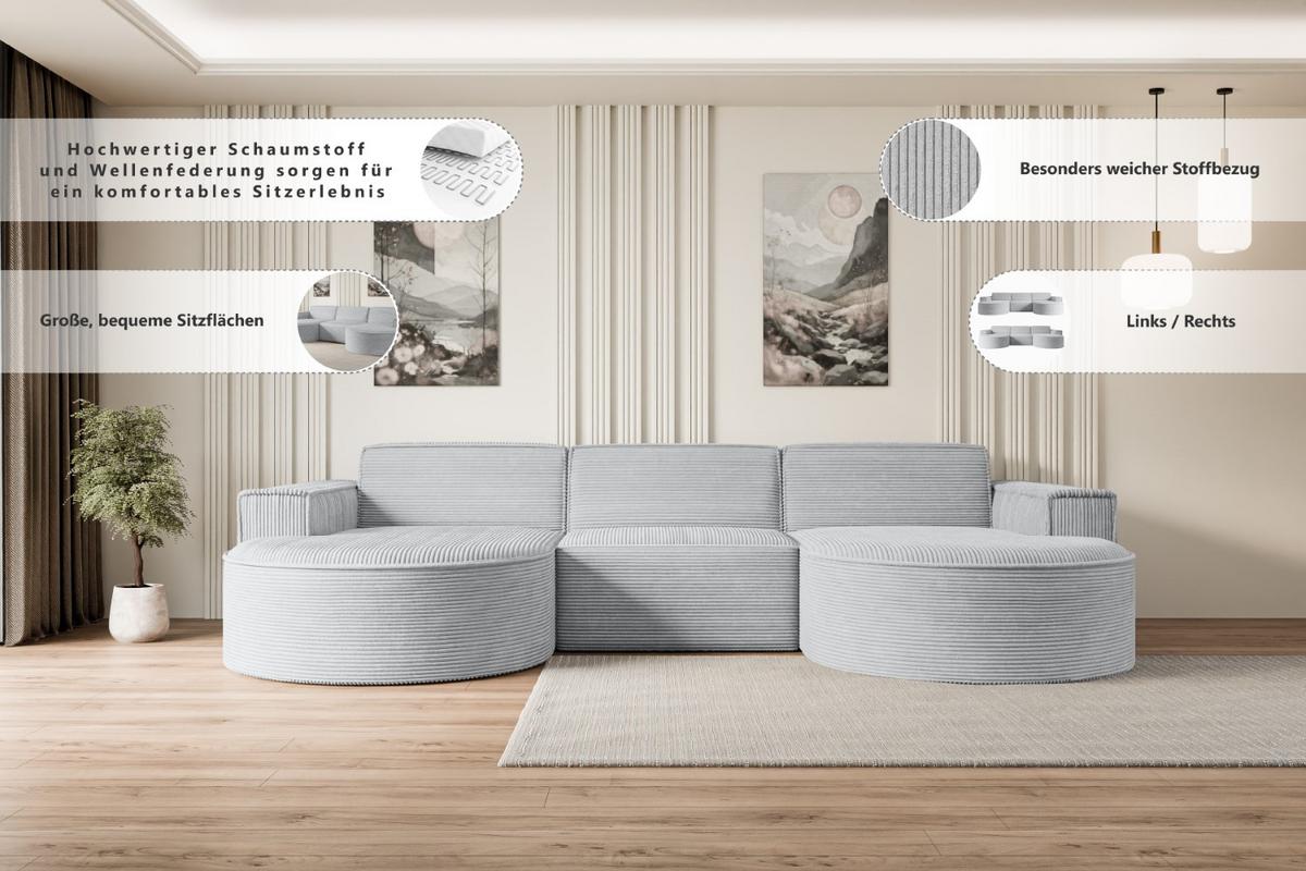 WOHNLANDSCHAFT MARI-U1 - 303x171x79 cm Grau Bouclé - Schwarz/Grau, Holzwerkstoff/Kunststoff (303/79/171cm) - ALTDECOR