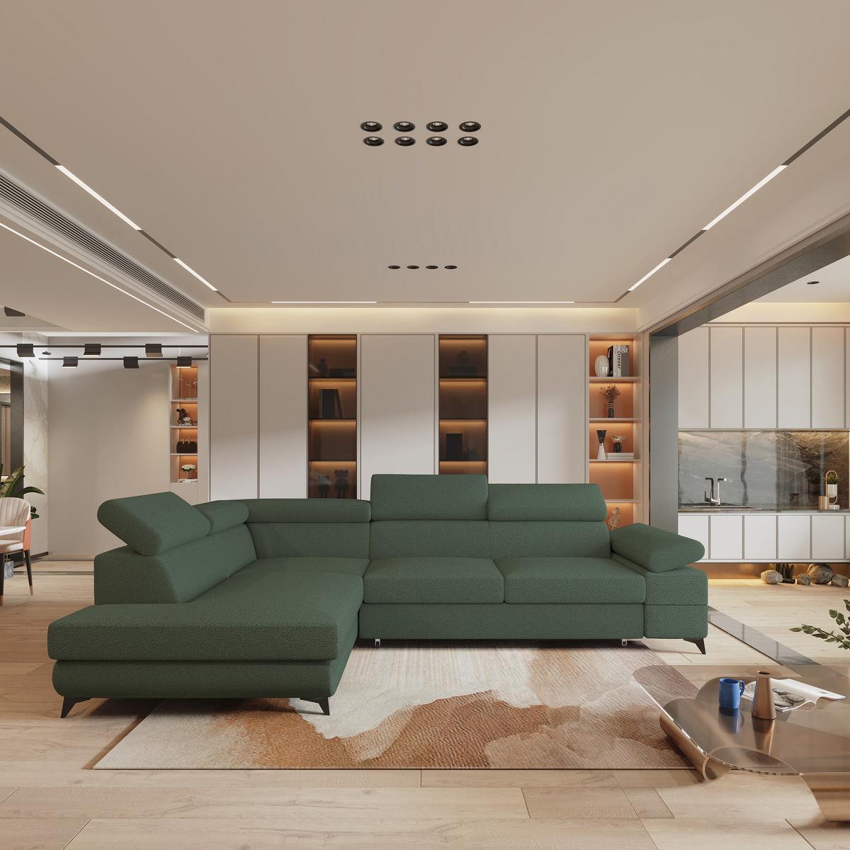 ECKSOFA FAVIEN L-S Grün Boucle-Stoff mit Schlaffunktion - Grün, Holz (257/190cm) - MASSENO