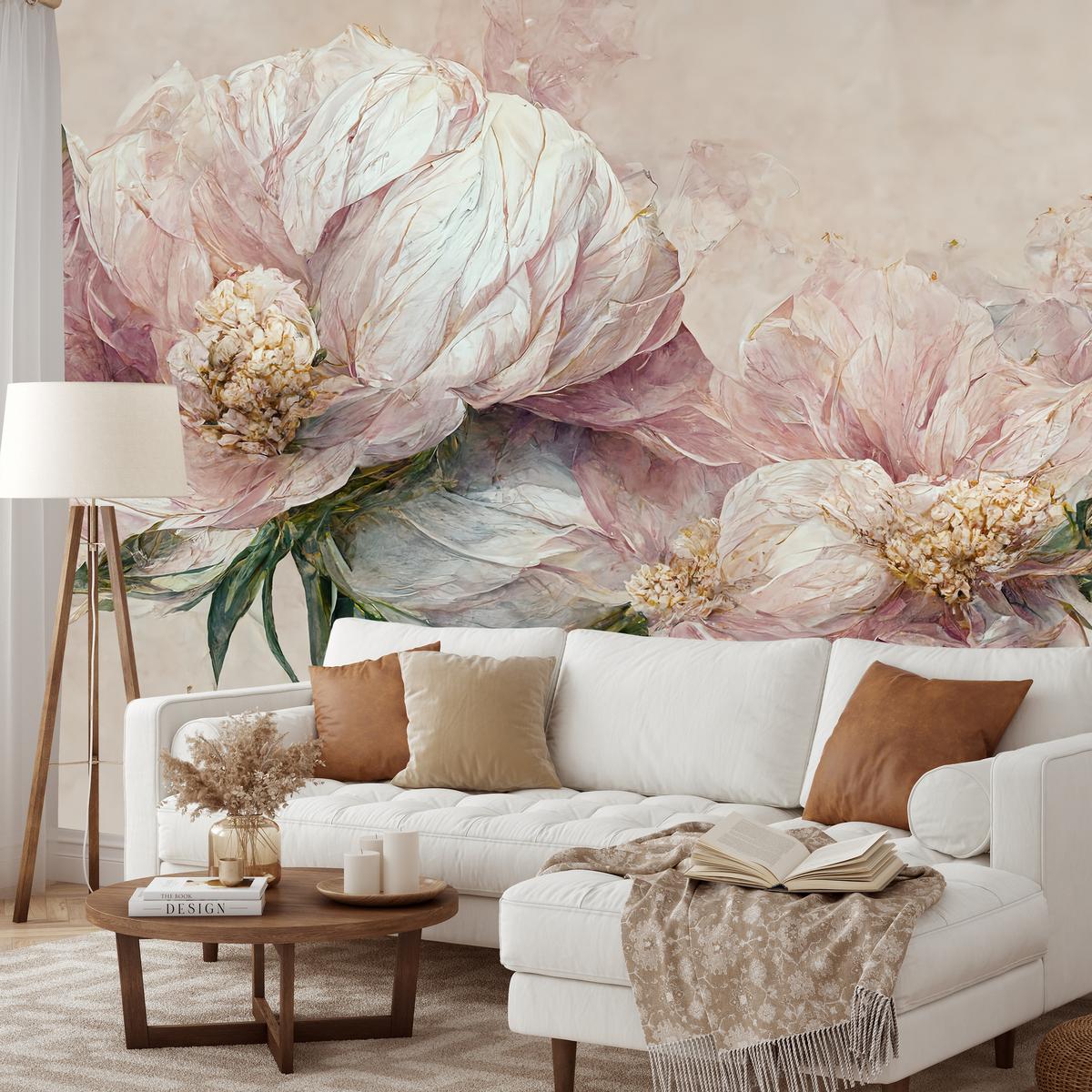 FOTOTAPETE für Wohnzimmer Vintage Rosa Blumen Blätter Natur 450x315 - Beige/Creme, Papier (450/315cm) - Muralo
