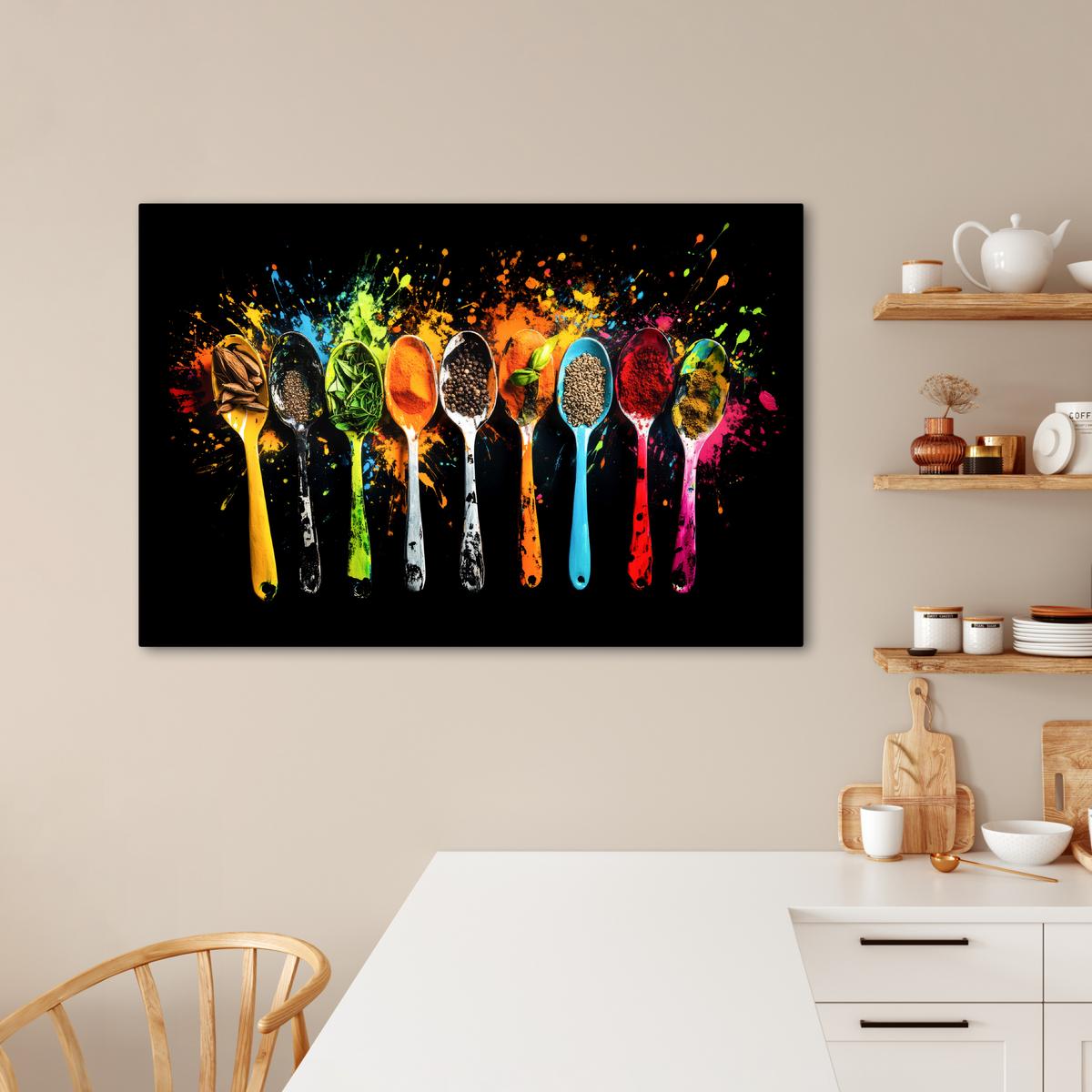 LEINWANDBILD Löffel - Gewürze - Modern - Graffiti - Farbe - Farbenfroh Wohnzimmer Groß 120x80 cm - Multicolor, Textil (120/80cm) - MuchoWow