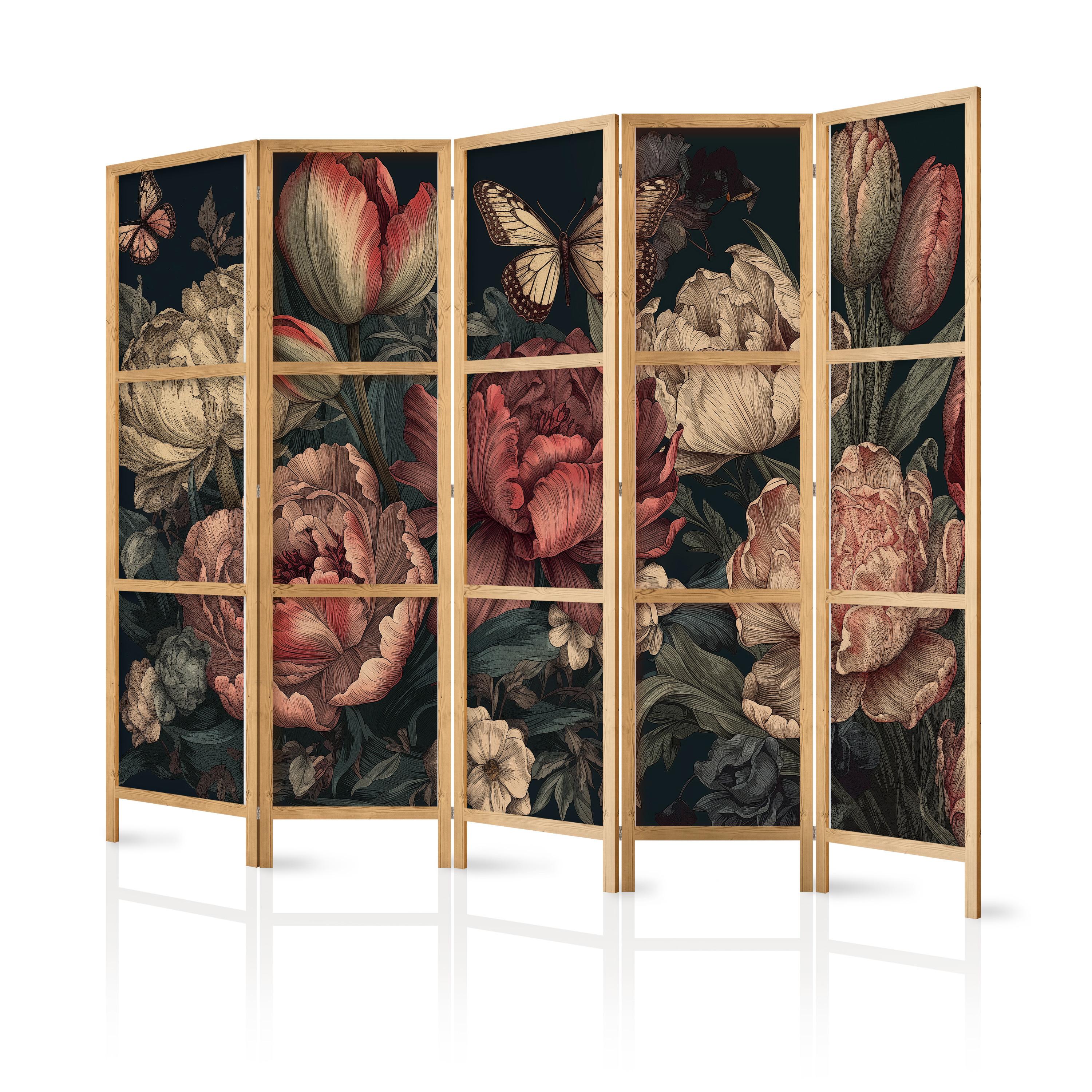 PARAVENT Japanischer 5-tlg 225x172 cm Bunte Blumen - Multicolor, Holz/Textil (225/172/3cm) - Muralo