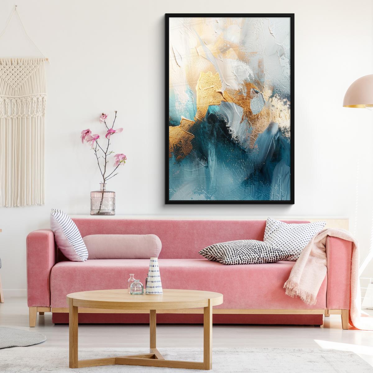POSTER MIT RAHMEN Abstrakt - Kunst - Gold - Blau Bilderleiste 80x120 cm - Petrol, Papier (80/120cm) - MuchoWow