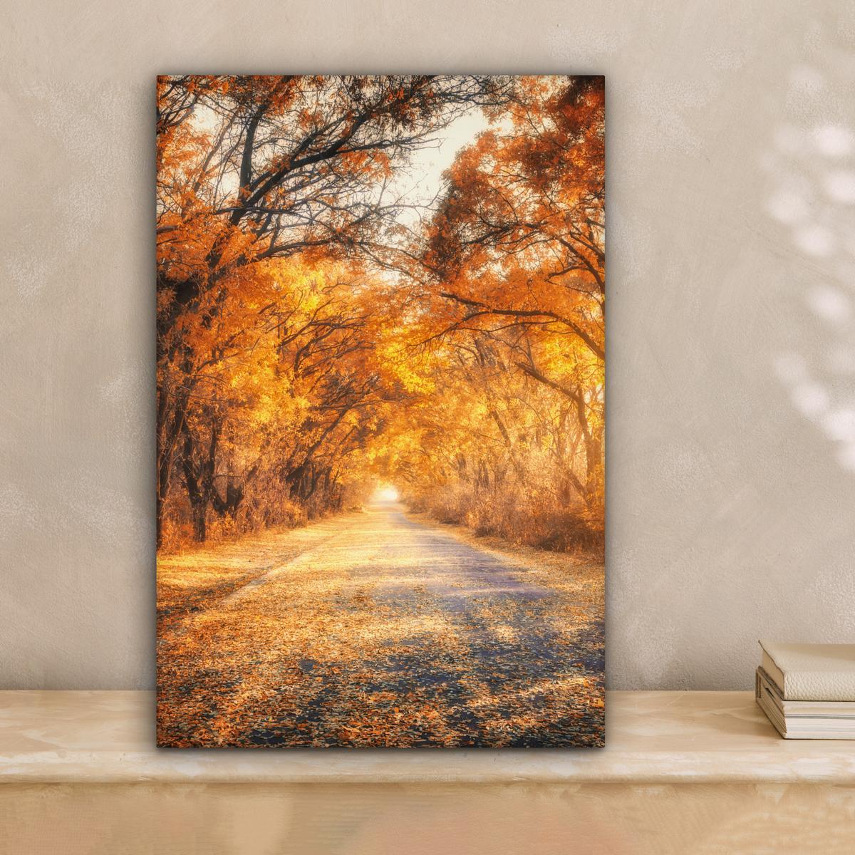 LEINWANDBILD Wald - Herbst - Bäume - Waldweg - Natur Deko Wohnzimmer 20x30 cm - Bernsteinfarben, Textil (20/30cm) - MuchoWow