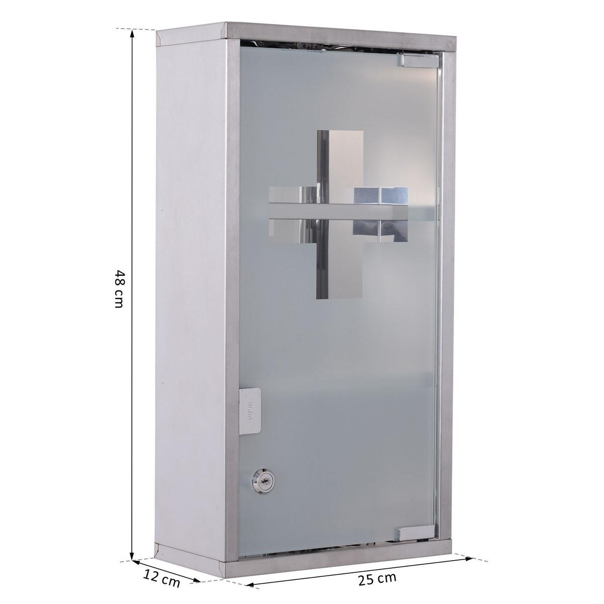 MEDIZINSCHRANK Arzneischrank Erste-Hilfe-Schrank mit Schloss 3 Fächer Stahl - Silberfarben, Glas (12/48/25cm) - HOMCOM