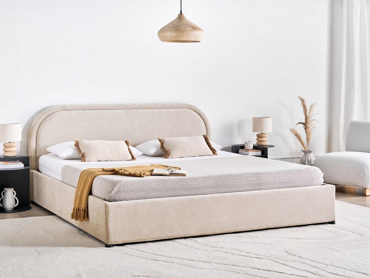 BETT mit Stauraum 180/200 cm Chenillegewebe Hellbeige Quillien - Beige, Textil (180/200cm) - Beliani