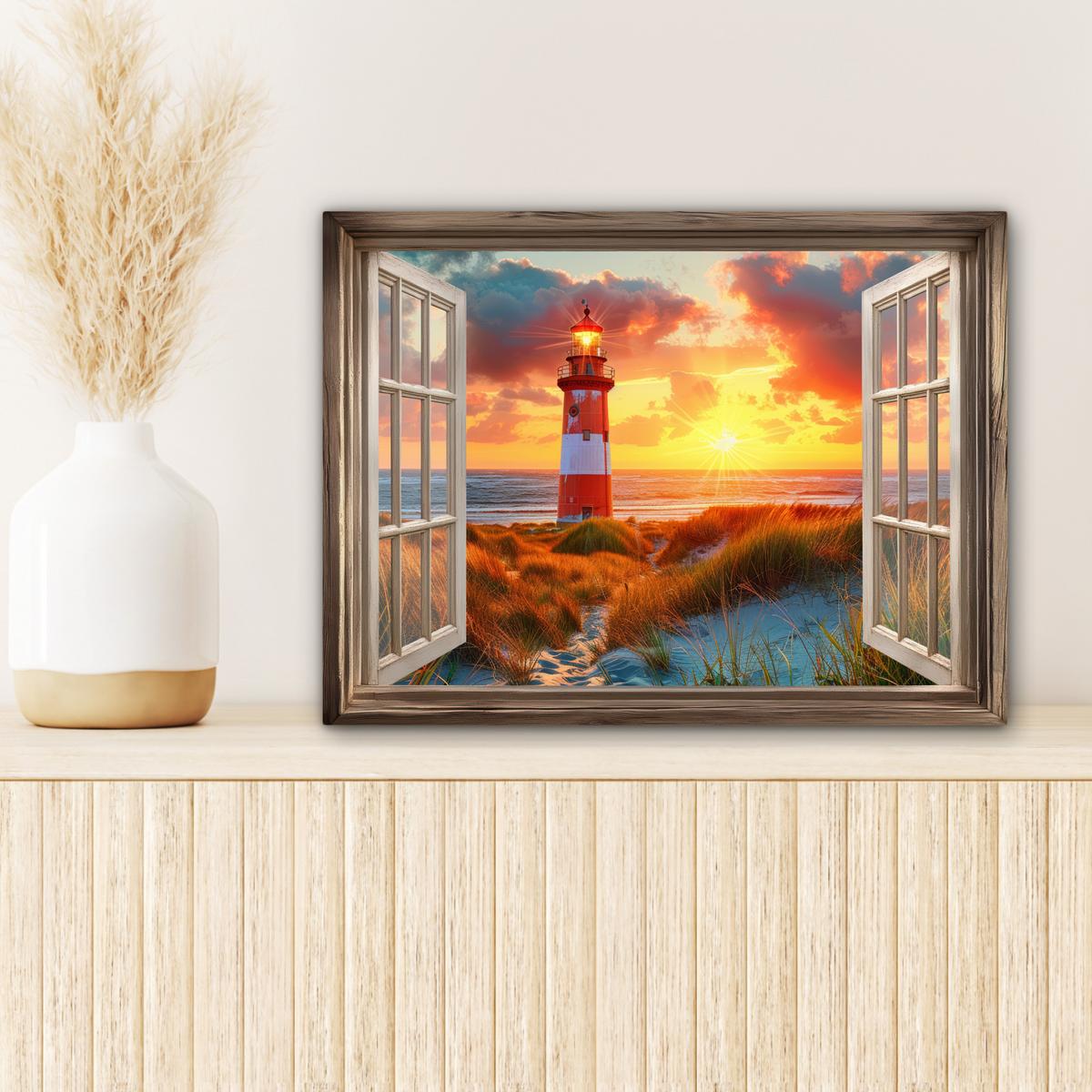 LEINWANDBILD Aussicht - Fenster - Leuchtturm - Sonnenuntergang - Strand Wandbild 40x30 cm - Dunkelorange, Textil (40/30cm) - MuchoWow