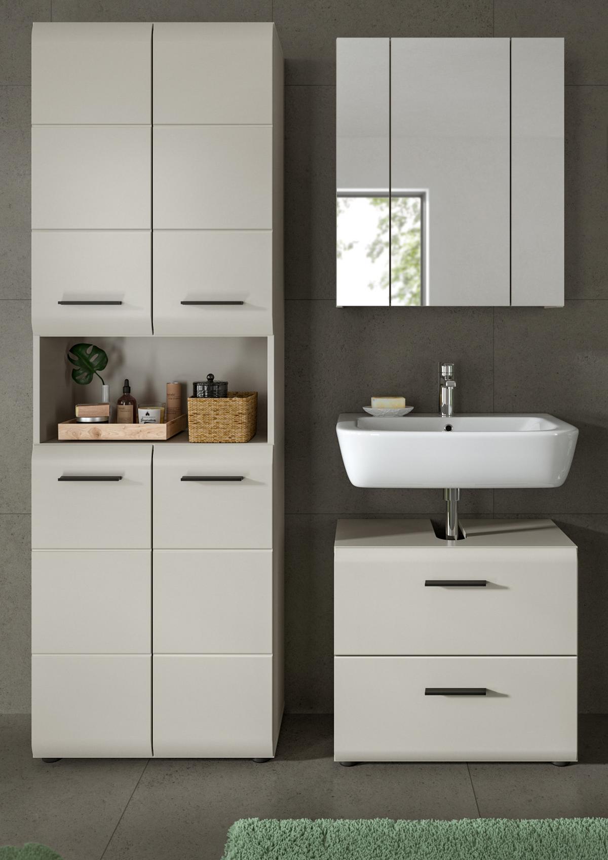 BADMÖBEL-SET Kaschmir 3-teilig 135 cm, Komplettset mit XL Hochschrank - Kaschmir/Schwarz, Glas/Holzwerkstoff (135/185/30cm) - Inn.Furn