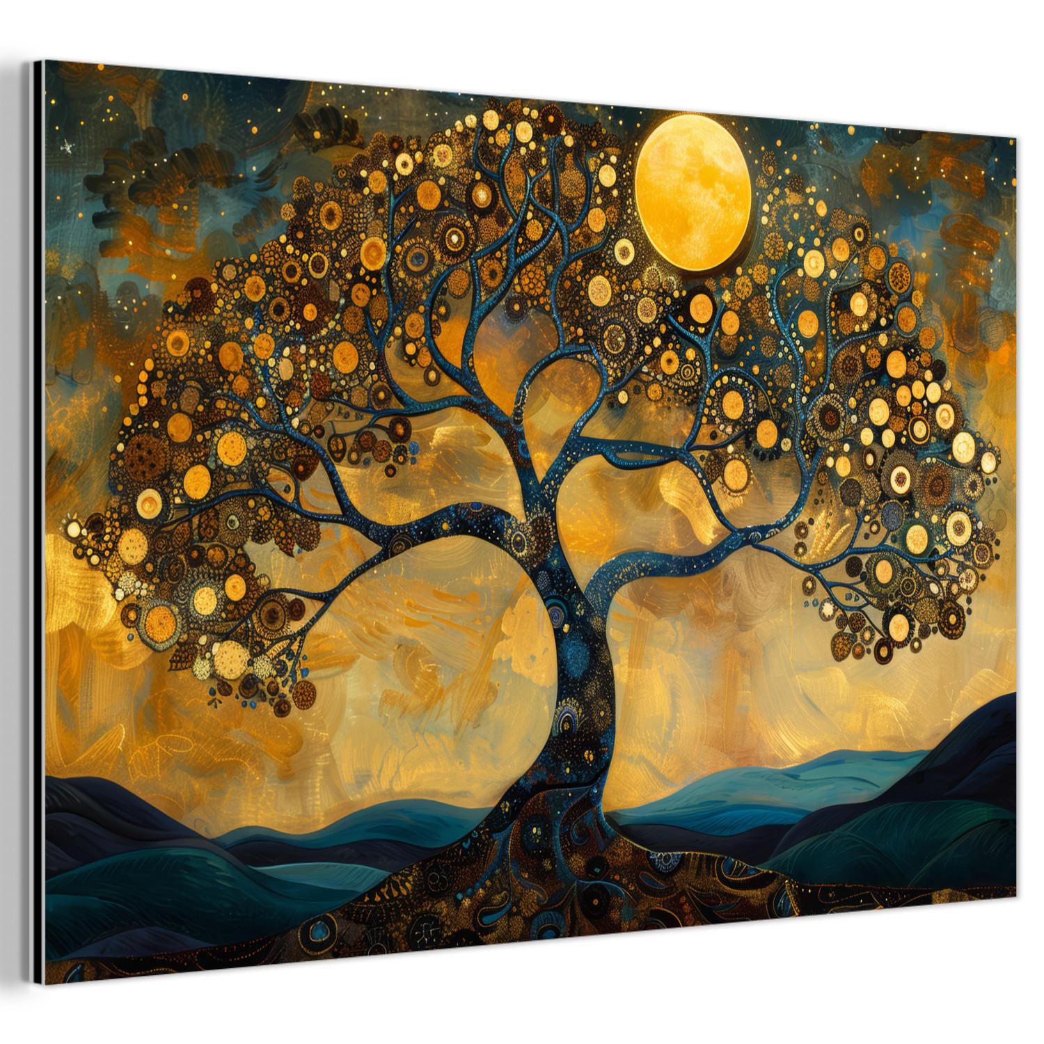 METALLBILD Baum - Mond - Blumen - Gold - Kunst Wandbild 60x40 cm - Orange, Metall (60/40cm) - MuchoWow