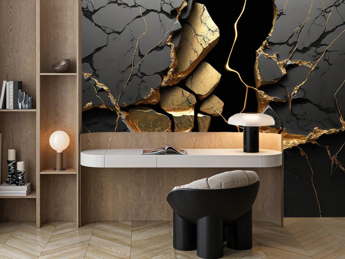 FOTOTAPETE für Wohnzimmer Schwarzer Abstrakter Marmor Gold Risse Wand 300x210 - Schwarz, Papier (300/210cm) - Muralo