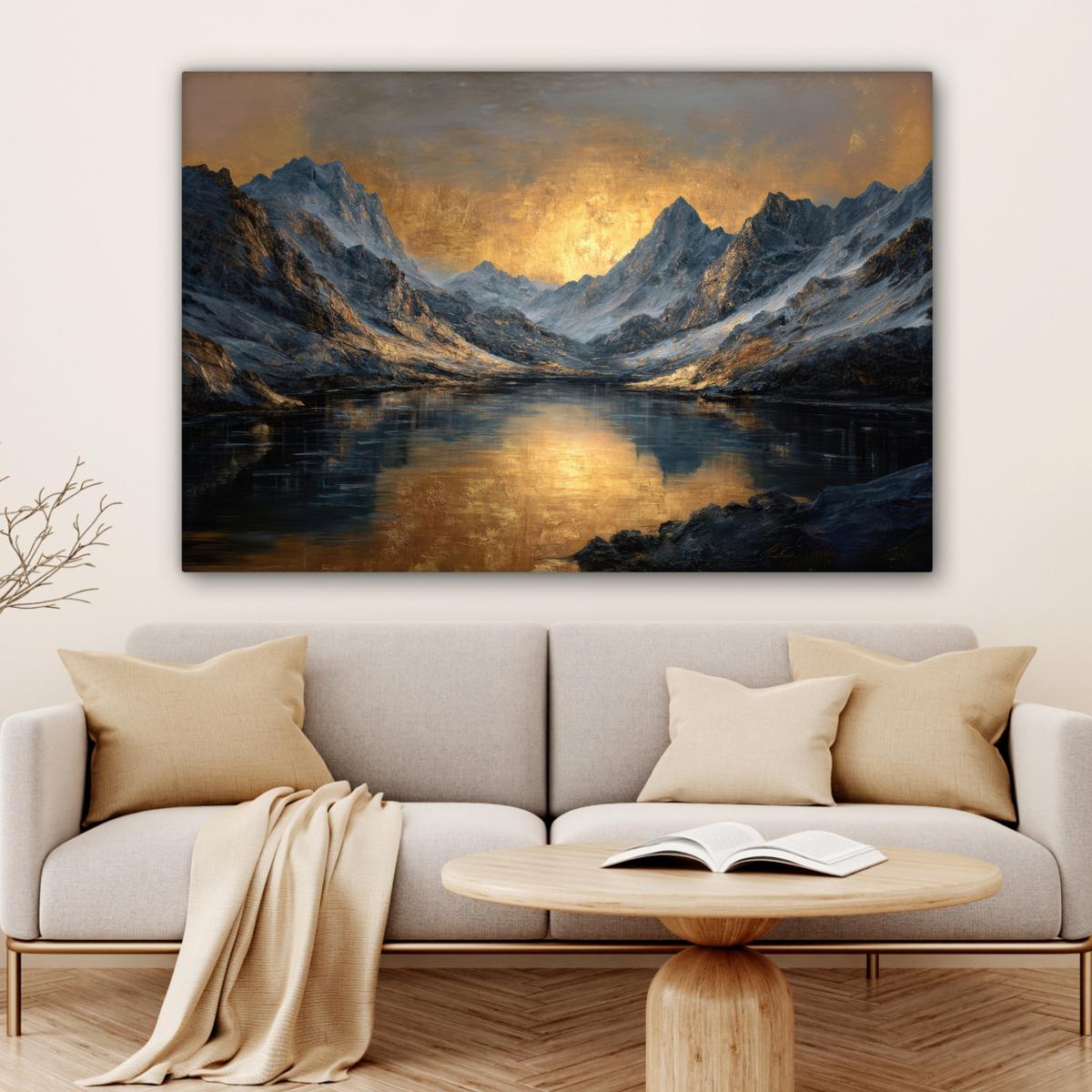 LEINWANDBILD Bergkulisse mit goldenem Sonnenuntergang Wohnzimmer Groß 120x80 cm - Goldfarben, Textil (120/80cm) - MuchoWow