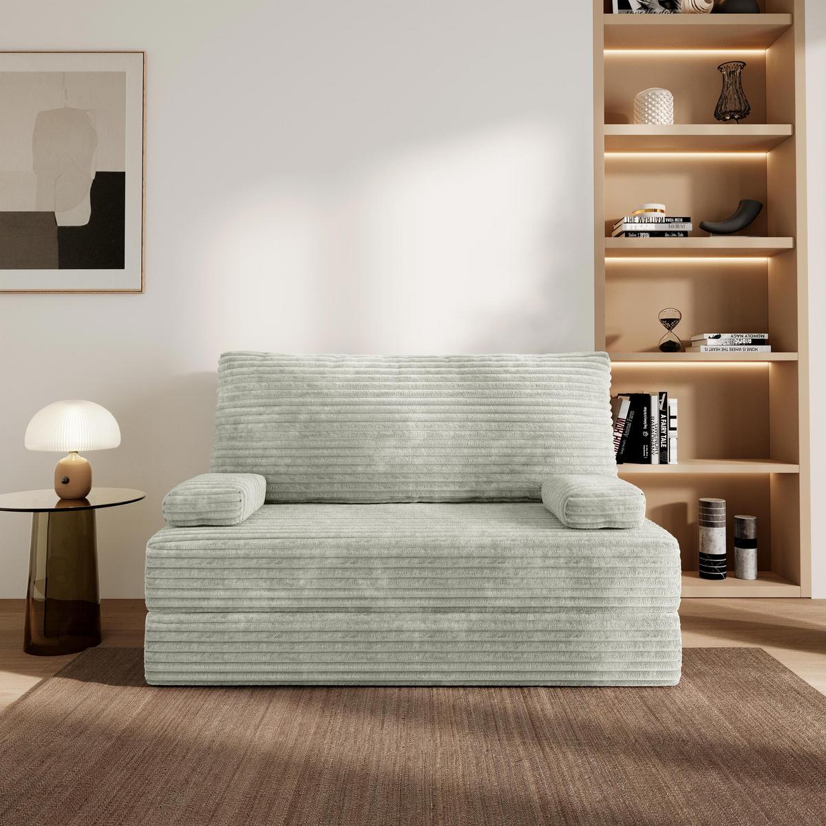 BETTSOFA LADIA aus Schaumstoff Kordstoff Hellgrau Schlaffunktion - Hellgrau, Textil (140/86/60cm) - MASSENO