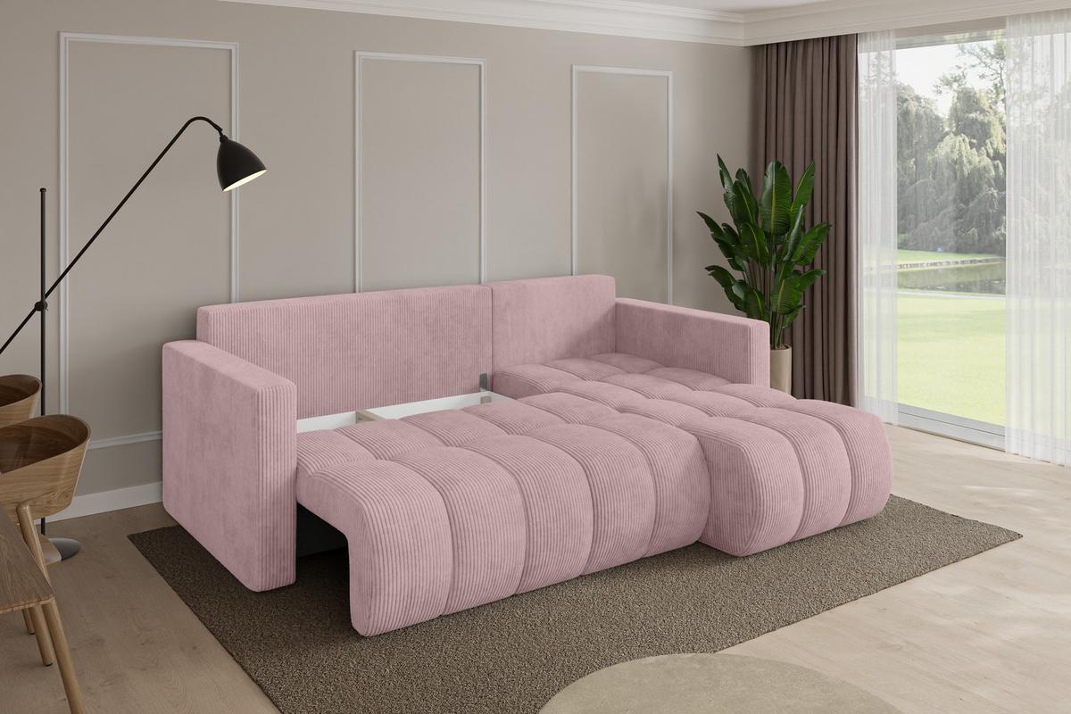 ECKSOFA mit Schlaffunktion Ottomane Rechts GARD-L 226x146x85 Rosa Cord - Schwarz/Rosa, Holzwerkstoff/Kunststoff (226/146cm) - ALTDECOR