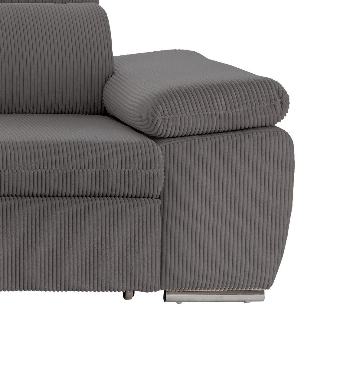 ECKSOFA mit Schlaffunktion, Bettkasten, Kopfstützen verstellbar, Wellenunterfederung, Ottomane links B283/T228/H102 cm, Cord Dunkelgrau / 17219 - Chromfarben/Dunkelgrau, Textil/Metall (283/228cm) - luma-home