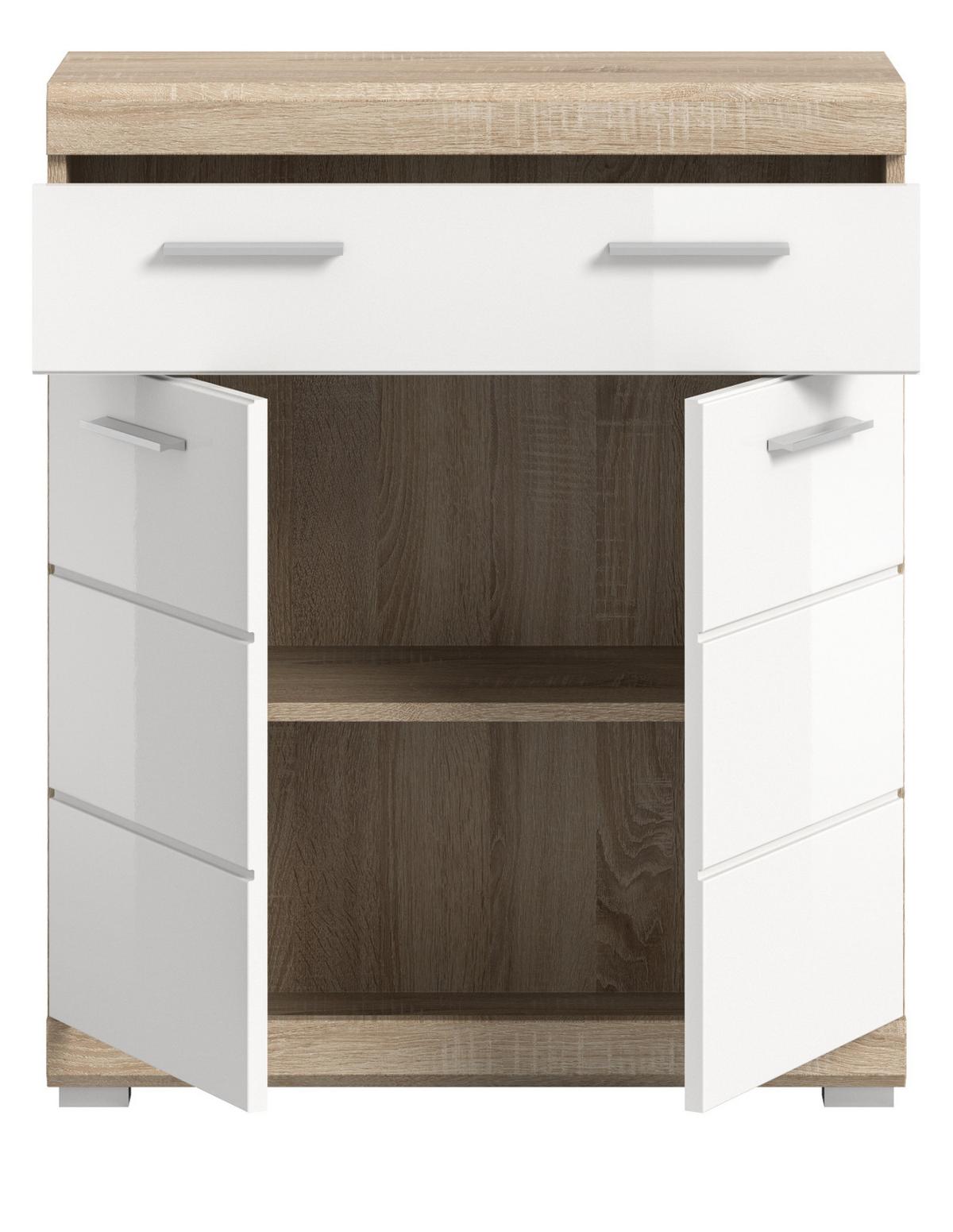 KOMMODE weiß Hochglanz, Eiche 74 x 88 cm, Badschrank mit Vollauszug - Weiß Hochglanz/Eichefarben, Holzwerkstoff/Kunststoff (74/88/31cm) - Inn.Furn