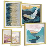 BILDER SET 5er Set - 50x50 cm & 20x30 cm & 40x60 cm Goldrahmen - Abstrakte Berge Sonne - Goldfarben, Kunststoff (40/60cm) - TULUP