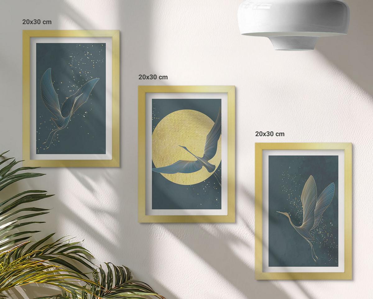 BILDER SET 3er Set - 20x30 cm Goldrahmen - Kraniche im Flug bei Nacht - Goldfarben, Kunststoff (20/30cm) - TULUP