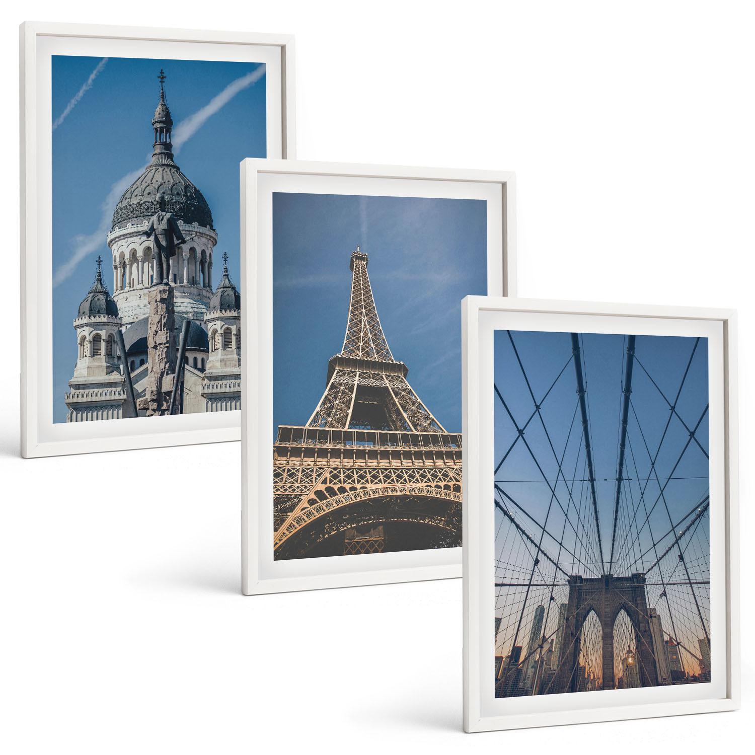 BILDER SET 3er Set - 40x60 cm Weißer Rahmen - Ansichten von Gebäuden aus Städten auf der ganzen Welt - Weiß, Kunststoff (40/60cm) - TULUP