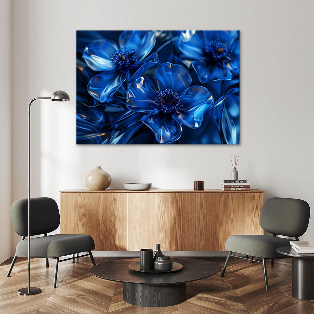 LEINWANDBILD Blaue Glasblumen 3D Makro 60x40cm - Blau, Textil (60/40cm) - Feeby