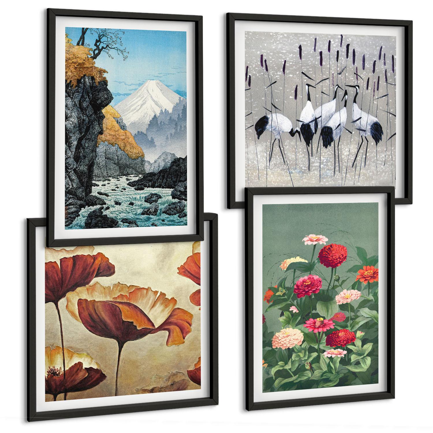 BILDER SET 4er Set - 50x50 cm & 40x60 cm Schwarzer Rahmen - Berge, Wasserfälle, Vögel, Blumen - Schwarz, Kunststoff (50/50cm) - TULUP