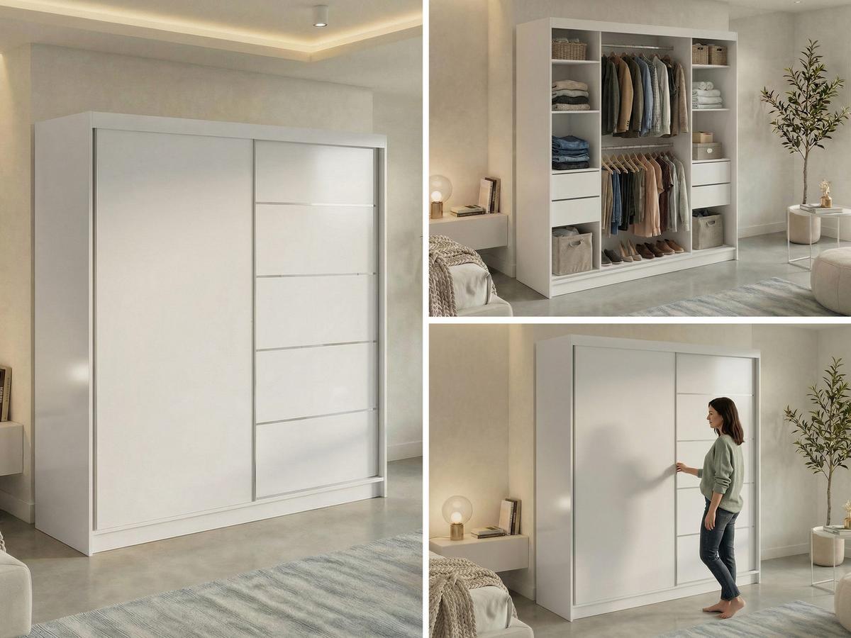 SCHWEBETÜRENSCHRANK mit Schubladen 200 - MACEDONIA - Weiß - Alufarben/Weiß, Holzwerkstoff/Metall (200/216/61cm) - MKS