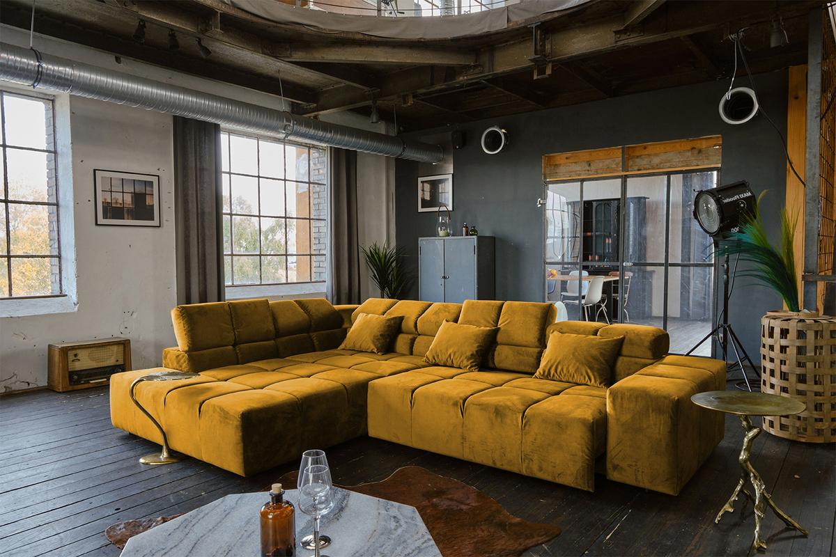 ECKSOFA MIT MOTORISCHEM SITZVORZUG NEVADA Gelb Velvet Relaxfunktion - Currygelb/Gelb, Textil (319/215cm) - KAWOLA