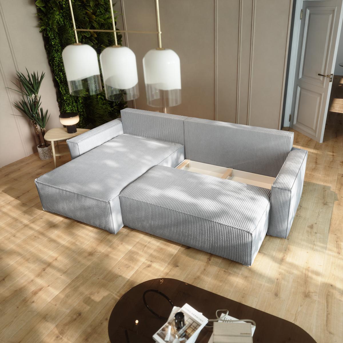 ECKSOFA BESMIR Hellgrau Kordstoff mit Schlaffunktion - Hellgrau, Holz (275/148cm) - MASSENO