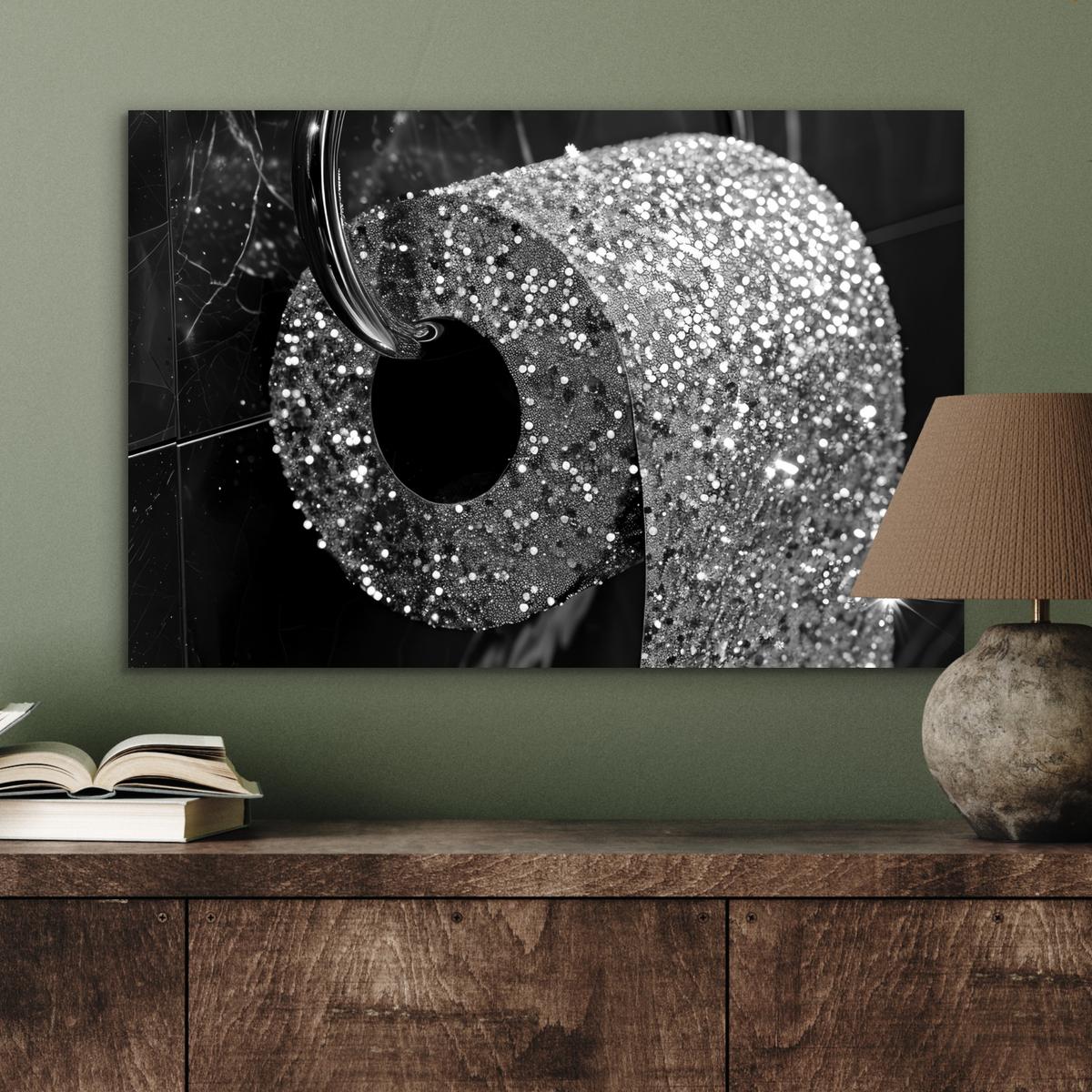 METALLBILD WC - Toilettenpapier - Schwarz und weiß - Glitter Wandbild 60x40 cm - Silberfarben, Metall (60/40cm) - MuchoWow