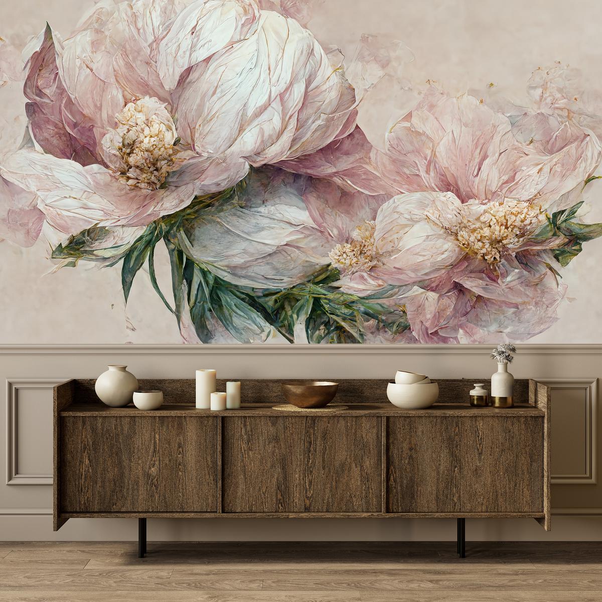 FOTOTAPETE für Wohnzimmer Vintage Rosa Blumen Blätter Natur 450x315 - Beige/Creme, Papier (450/315cm) - Muralo