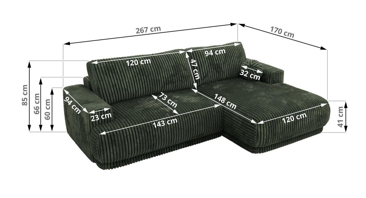 ECKSCHLAFSOFA RINA L Dunkelgrün Cord - links - Dunkelgrün/Schwarz, Kunststoff/Textil (267/170cm) - MKS