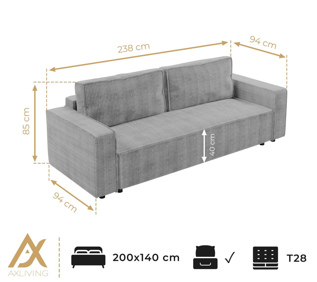 BIGSOFA Aydin Sofa Creme 238/94/85 cm Cord mit Schlaffunktion Bettkasten - Creme/Schwarz, Kunststoff/Textil (238/85/94cm) - AX Living