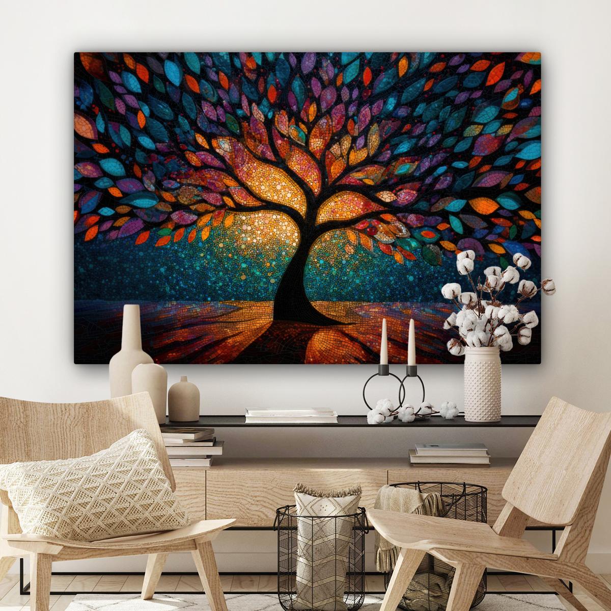 LEINWANDBILD Mosaik - Bunt - Baum - Äste Wohnzimmer Groß 120x80 cm - Multicolor, Textil (120/80cm) - MuchoWow