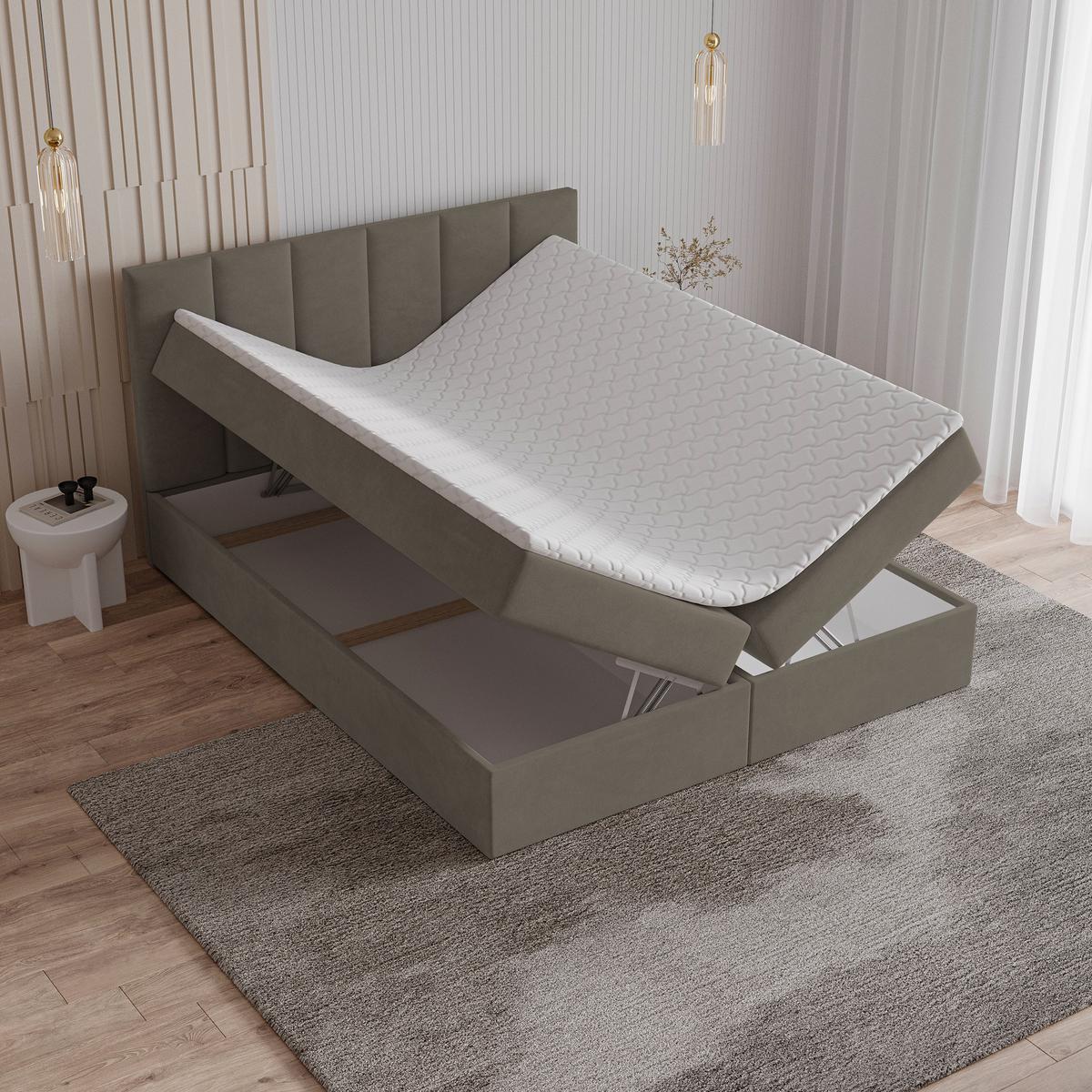 BOXBETT MERIL 160x200 cm mit Matratze und Topper - Braun - Hellbraun, Holz (160/200cm) - MASSENO