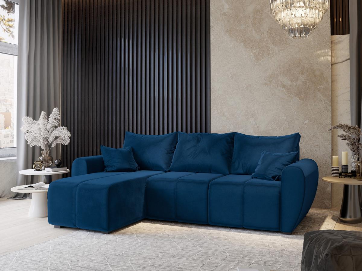 ECKSOFA MADISON Blau Plüsch-Stoff mit Schlaffunktion - Blau/Schwarz, Holz/Kunststoff (246/143cm) - MASSENO