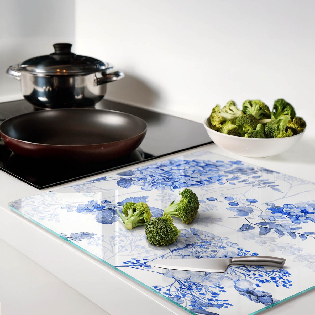 GLASPLATTE 60x52 cm Blumenmuster - Blau, Glas (60/0.4/52cm) - TULUP