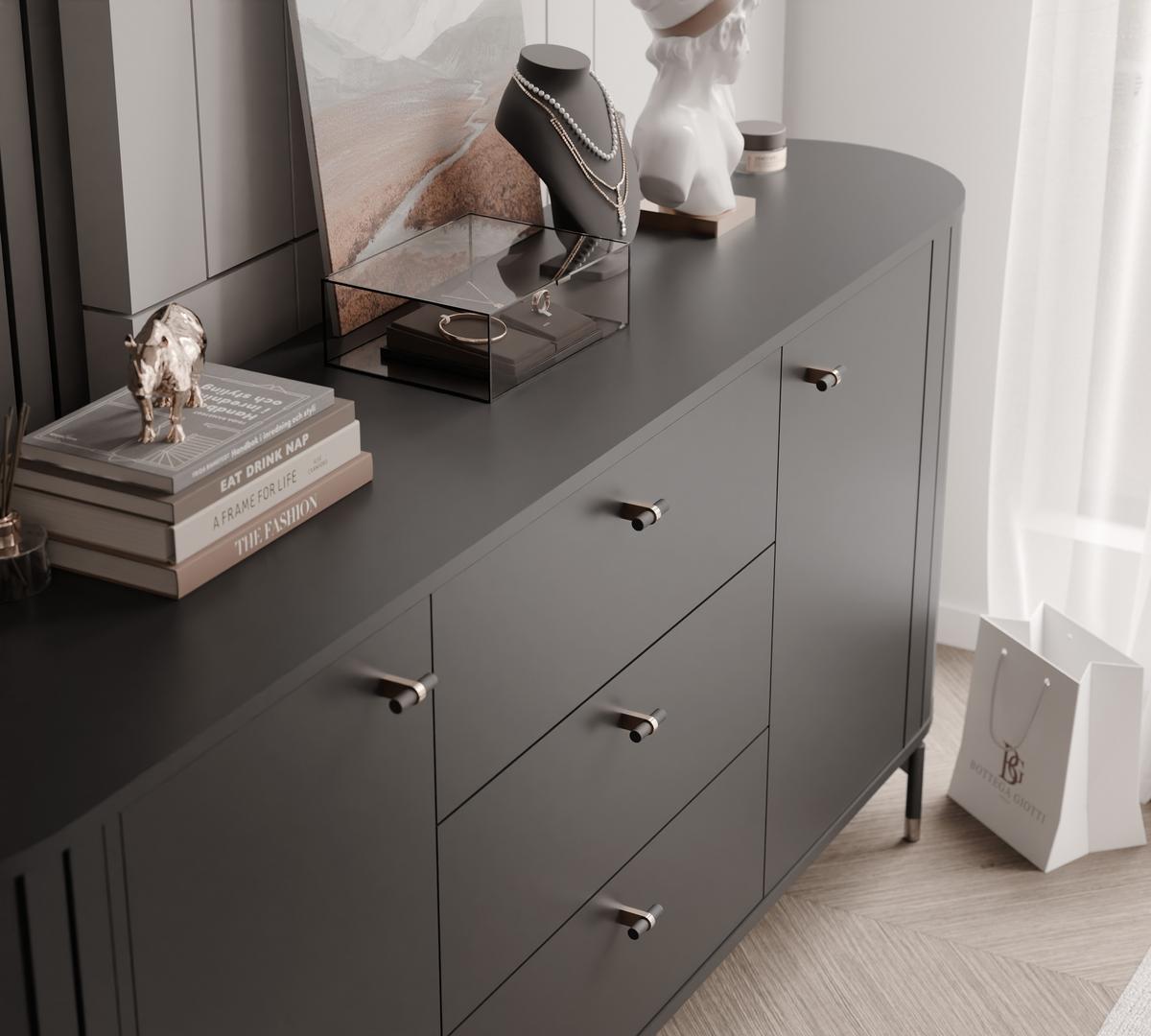 KOMMODE geriffelt, mit drei Schubladen, Schwarz - Schwarz, Holzwerkstoff (190/81/40cm) - Idohome