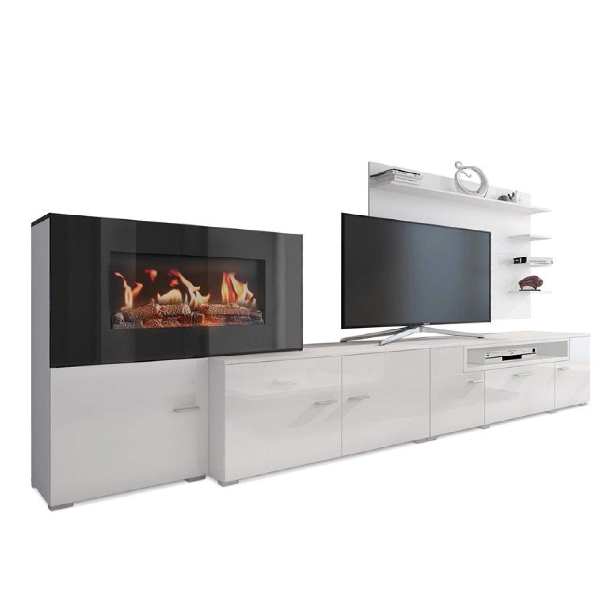 WOHNWAND mit Elektrokamin weiß, Hochweiß lackiert, 290/45/170cm - Weiß, Holzwerkstoff (290/170/45cm) - Skraut Home