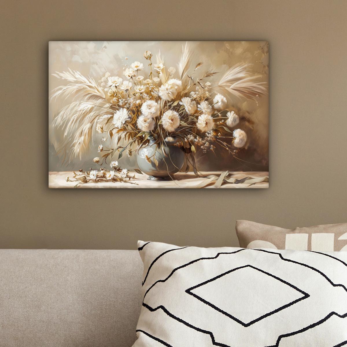 LEINWANDBILD Blumen - Vase - Stilleben - Beige Deko Schlafzimmer 30x20 cm - Creme, Textil (30/20cm) - MuchoWow