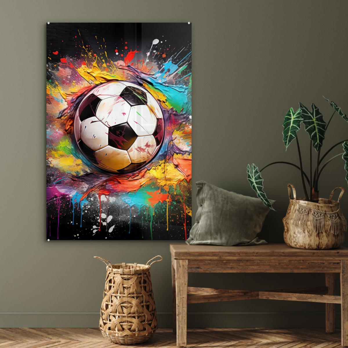 ACRYLGLASBILD Fußball - Farbe - Farben - Schwarz - Weiß 80x120 cm - Weiß, Glas (80/120cm) - MuchoWow