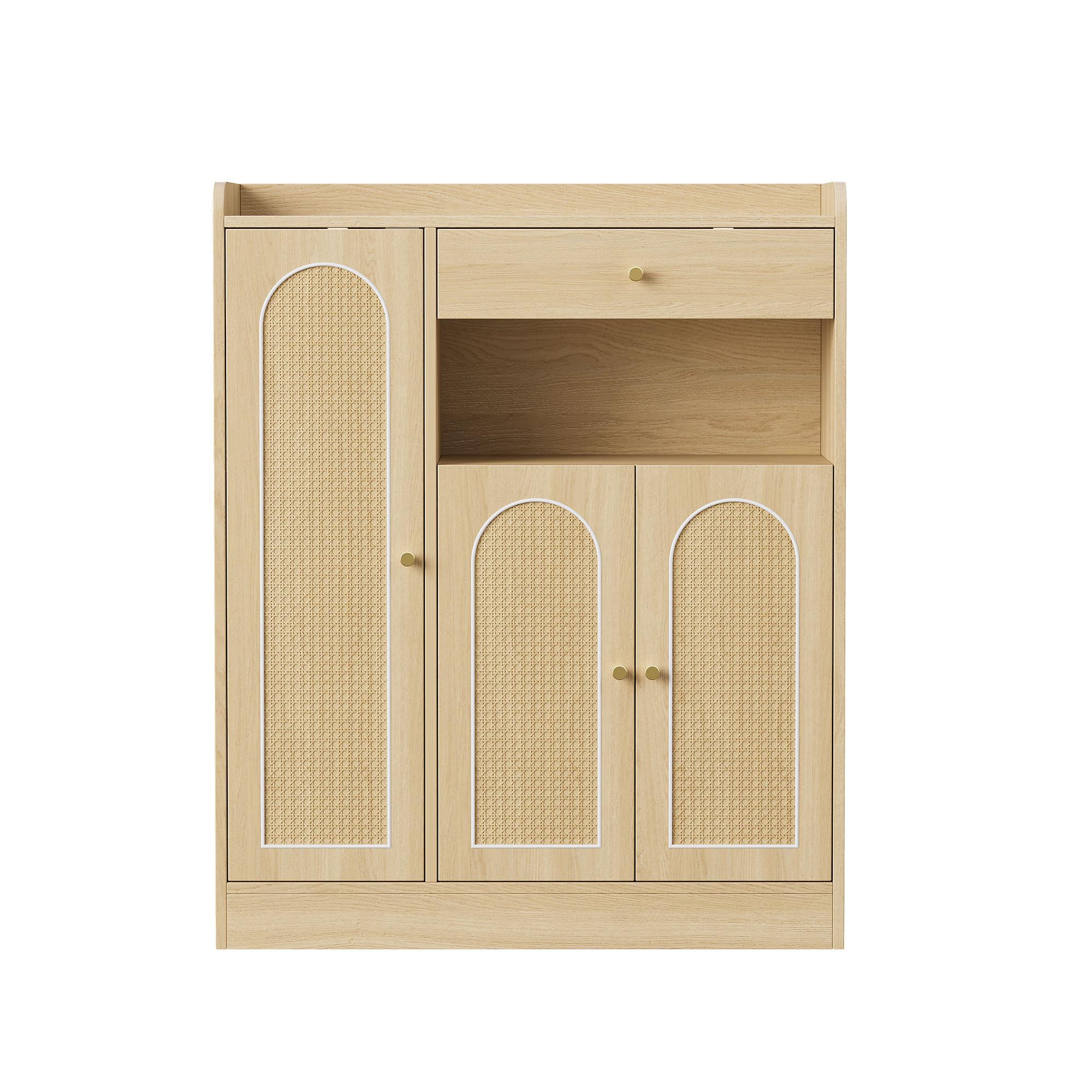 SCHUHSCHRANK in naturfarbener Eiche-Optik mit Rattantüren, 3 Türen & 1 Schublade - Naturfarben, Holzwerkstoff (90/110/35cm) - Urban Meuble