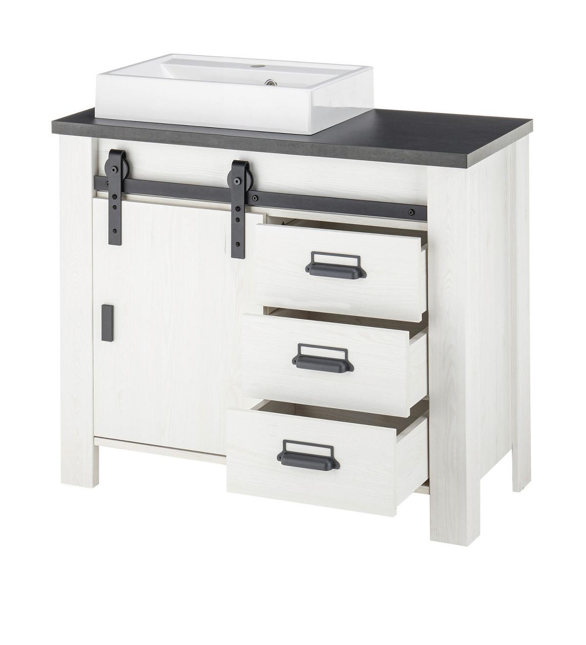 BADMÖBEL-SET 5-teilig weiß Pinie, anthrazit Landhaus, Badkombination mit Waschbecken und Spiegellampe - Anthrazit/Weiß, Holzwerkstoff/Metall (208/210/43cm) - Furn.Design