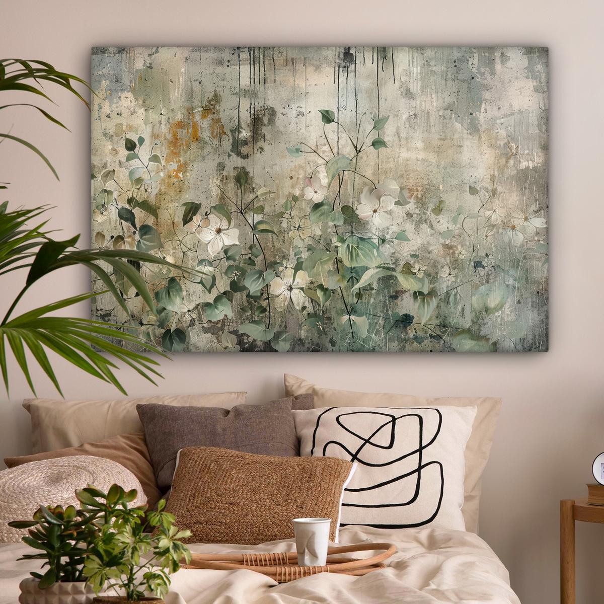 LEINWANDBILD Blumen - Blätter - Abstrakt - Modern Wohnzimmer Groß 120x80 cm - Grau, Textil (120/80cm) - MuchoWow