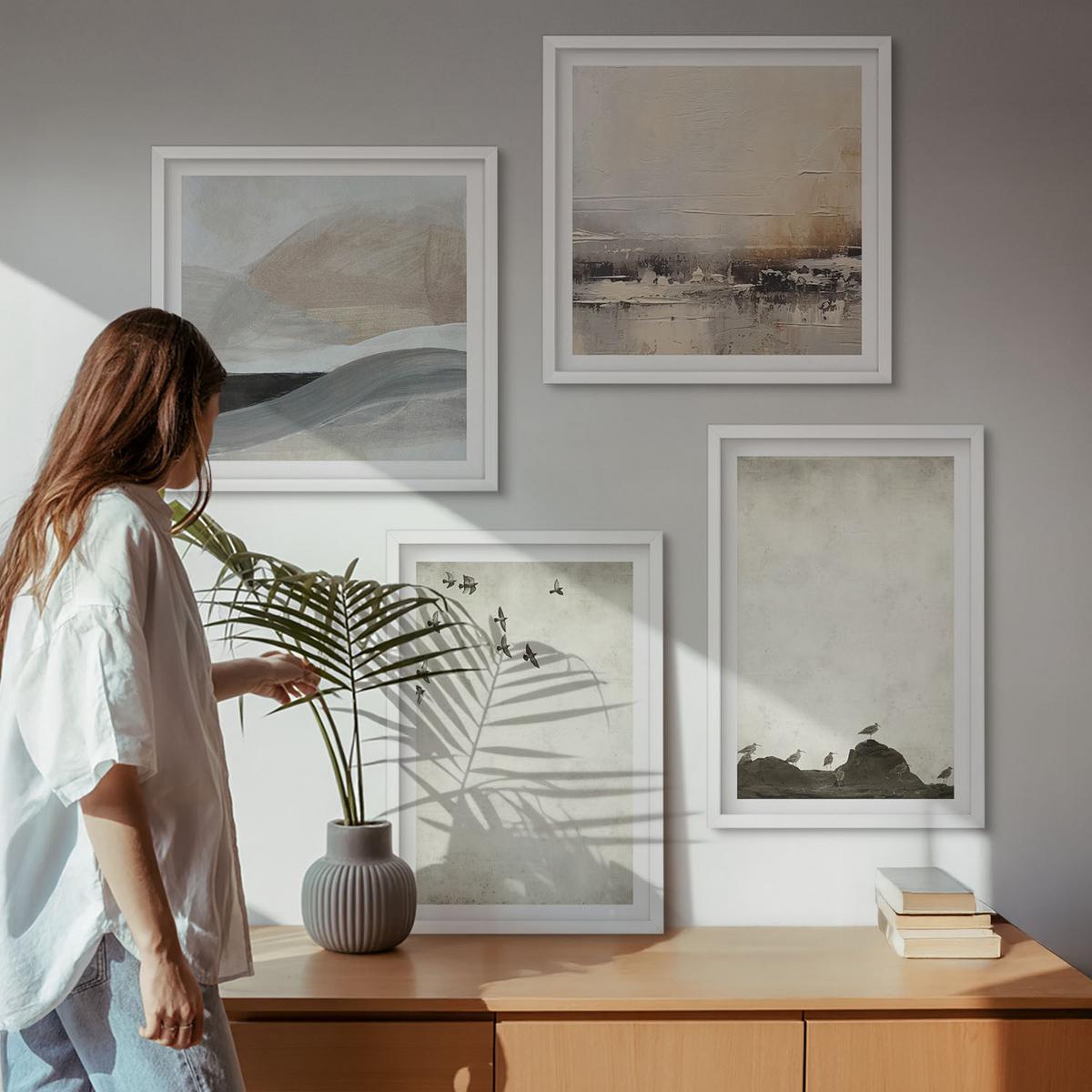 BILDER SET 4er Set - 50x50 cm & 40x60 cm Weißer Rahmen - Vögel, Steine, Pinselstriche, Verzierungen - Weiß, Kunststoff (50/50cm) - TULUP
